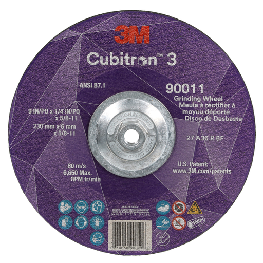 3Mâ„¢ Cubitronâ„¢ 3 Depressed Center Grinding Wheel, 90011, 36+, T27, 9 in x 1/4 in x 5/8 in-11 (230x6mmx5/8-11in), ANSI, 10 ea/Case