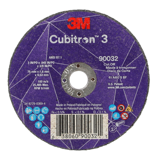 3Mâ„¢ Cubitronâ„¢ 3 Cut-Off Wheel, 90032, 60+, T1, 3 in x 0.045 in x 3/8 in (75 x 1.6 x 9.53 mm), ANSI, 25/Pack, 50 ea/Case