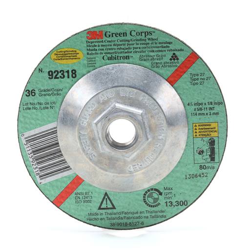 3Mâ„¢ Green Corpsâ„¢ Cutting/Grinding Wheel, T27, 36, 4-1/2 in x 1/8 in x 5/8 in-11 Internal, 10/Carton, 40 ea/Case