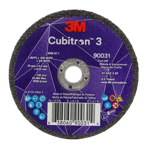 3Mâ„¢ Cubitronâ„¢ 3 Cut-Off Wheel, 90031, 60+, T1, 3 in x 0.035 in x 3/8 in (75 x 0.9 x 9.53 mm), ANSI, 25/Pack, 50 ea/Case