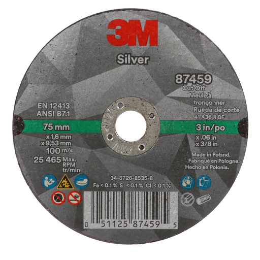 3M™ Silver Cut-Off Wheel, 87459, 36+, T1, 3 in x 0.06 in x 3/8 in, 50 ea/Case