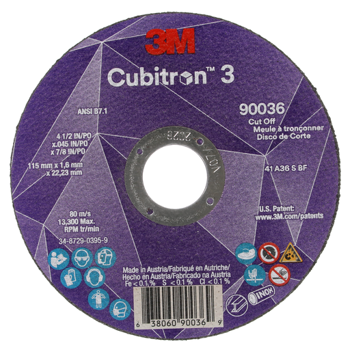 3M™ Cubitron™ 3 Cut-Off Wheel, 90036, 36+, T1, 4-1/2 in x 0.045 in x 7/8 in (115 x 1.6 x 22.23 mm), ANSI, 25/Pack, 50 ea/Case