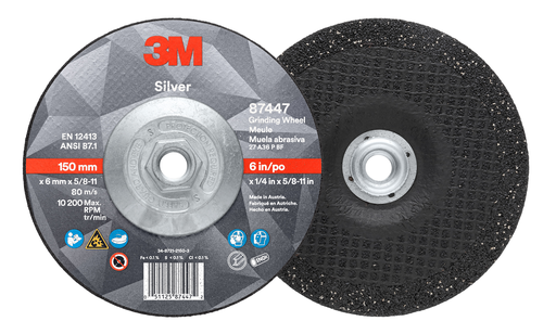 3M™ Silver Depressed Center Grinding Wheel, 87447, 36+, T27 Quick Change, 6 in x 1/4 in x 5/8 in-11, 10/Carton, 20 ea/Case