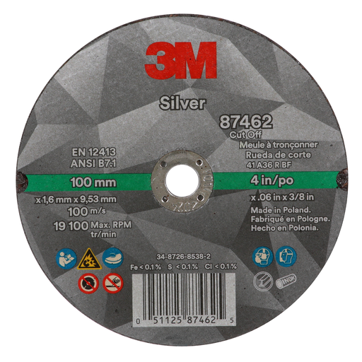 3M™ Silver Cut-Off Wheel, 87462, 36+, T1, 4 in x 0.06 in x 3/8 in, 50 ea/Case