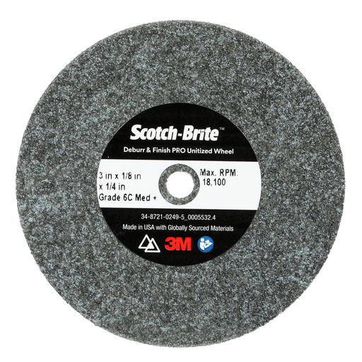 Scotch-Brite™ Deburr & Finish PRO Unitized Wheel, DP-UW, 6C Medium+, 3 in x 1/8 in x 1/4 in, 40 ea/Case
