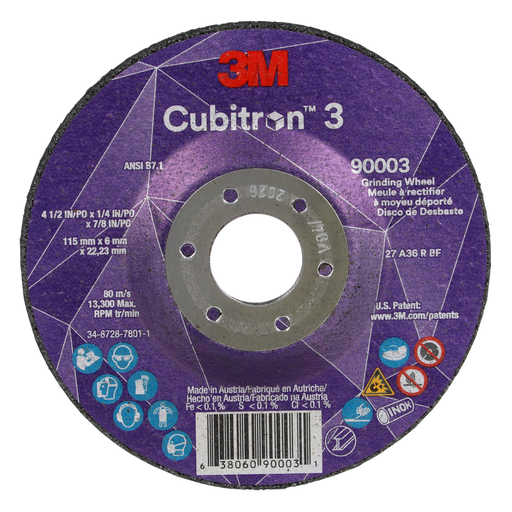 3M™ Cubitron™ 3 Depressed Center Grinding Wheel, 90003, 36+, T27, 4-1/2 in x 1/4 in x7/8 in (11x6x22.23) ANSI, 10/Pack, 20 ea/Case