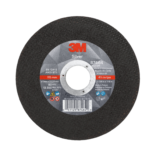 3M™ Silver Cut-Off Wheel, 87464, 60+, T1, 4.5 in x 0.04 in x 7/8 in, 50 ea/Case