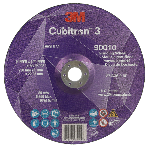 3M™ Cubitron™ 3 Depressed Center Grinding Wheel, 90010, 36+, T27, 9 in x 1/4 in x 7/8 in (230x6x22.23mm) ANSI, 10/Pack, 20 ea/Case