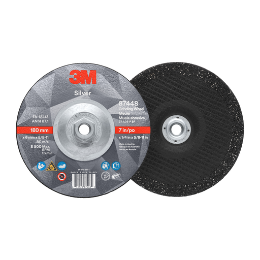 3M™ Silver Depressed Center Grinding Wheel, 87448, 36+, T27 Quick Change, 7 in x 1/4 in x 5/8 in-11, 10/Carton, 20 ea/Case