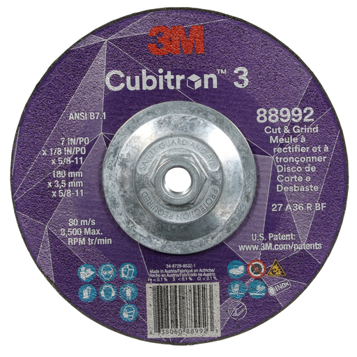 3M™ Cubitron™ 3 Cut and Grind Wheel, 88992, 36+, T27, 7 in x 1/8 in x 5/8 in-11 (180 x 3.2 mm x 5/8-11 in), ANSI, 10 ea/Case