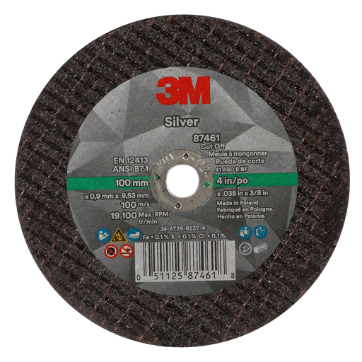 3M™ Silver Cut-Off Wheel, 87461, 60+, T1, 4 in x 0.035 in x 3/8 in, 50 ea/Case