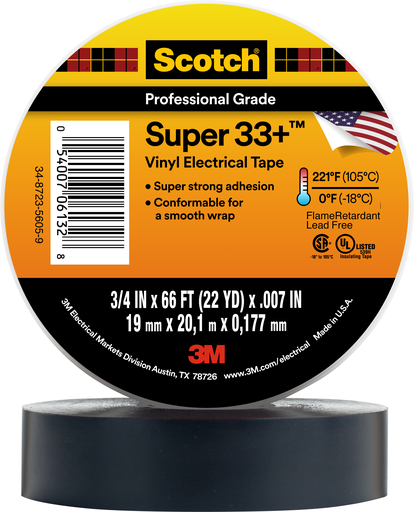 Scotch® Super 33+ Vinyl Electrical Tape, 3/4 in x 66 ft, 1-1/2 in Core, Black, 100 rolls/Case