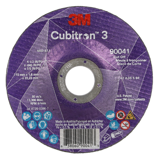 3M™ Cubitron™ 3 Cut-Off Wheel, 90041, 36+, T27, 4-1/2 in x 0.045 in x 7/8 in (115 x 1.6 x 22.23 mm), ANSI, 25/Pack, 50 ea/Case