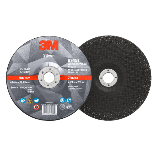 3M™ Silver Depressed Center Grinding Wheel, 87451, 36+, T27, 7 in x 1/4 in x 7/8 in, 10/Carton, 20 ea/Case