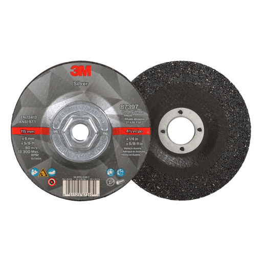 3M™ Silver Depressed Center Grinding Wheel, 87397, 36+, T27 Quick Change, 4.5 in x 1/4 in x 5/8 in-11, 10/Carton, 20 ea/Case