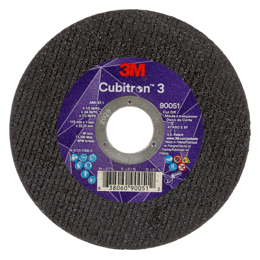 3M™ Cubitron™ 3 Cut-Off Wheel, 90051, 60+, T1, 4-1/2 in x 0.04 in x 7/8 in (115 x 1 x 22.23 mm), ANSI, 25/Pack, 50 ea/Case