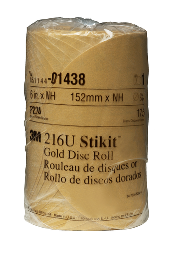 3M™ Stikit™ Gold Disc Roll, 01438, 6 in, P220, 175 discs per roll, 6 rolls per case