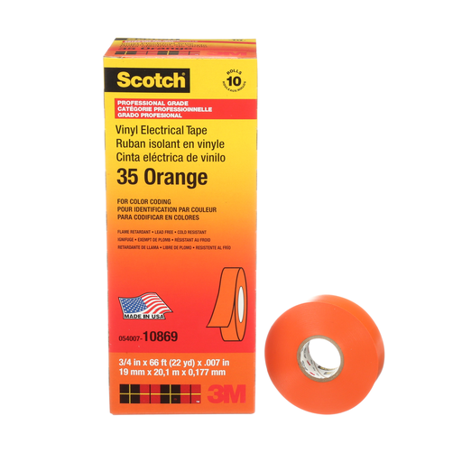 Scotch® Vinyl Color Coding Electrical Tape 35, 3/4 in x 66 ft, Orange, 10 rolls/carton, 100 rolls/Case