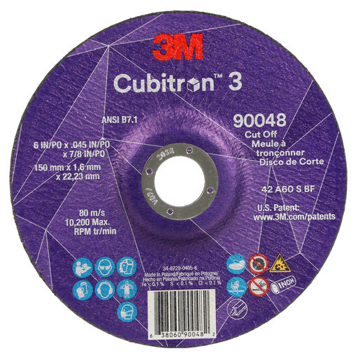 3M™ Cubitron™ 3 Cut-Off Wheel, 90048, 60+, T27, 6 in x 0.045 in x 7/8 in (150 x 1.6 x 22.23 mm), ANSI, 25/Pack, 50 ea/Case
