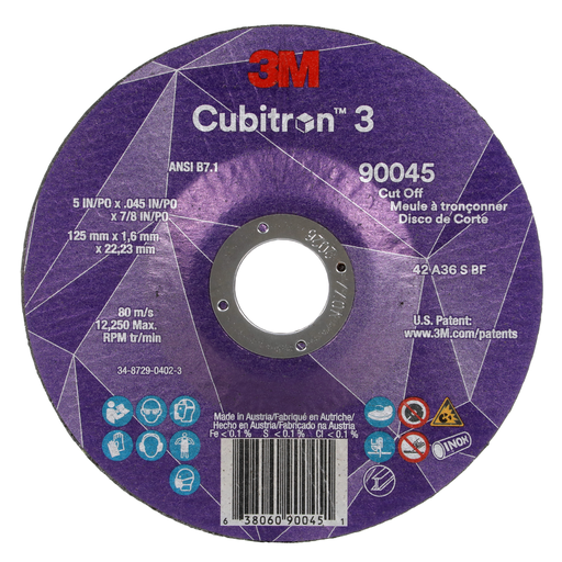 3M™ Cubitron™ 3 Cut-Off Wheel, 90045, 36+, T27, 5 in x 0.045 in x 7/8 in (125 x 1.6 x 22.23 mm), ANSI, 25/Pack, 50 ea/Case