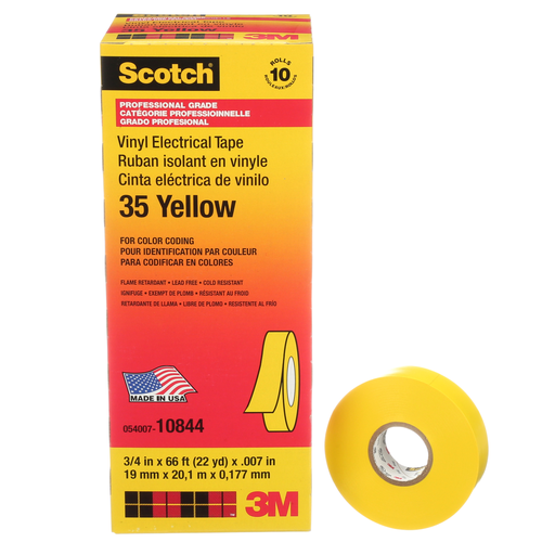 Scotch® Vinyl Color Coding Electrical Tape 35, 3/4 in x 66 ft, Yellow, 10 rolls/carton, 100 rolls/Case