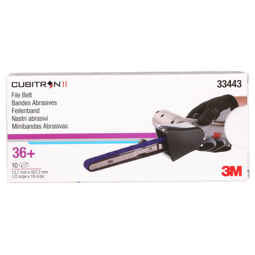 3M™ Cubitron™ II File Belt 786F, 33443, 36+, 12.7 mm x 457.2 mm (1/2 in x 18 in), 10 Belts/Carton, 5 Cartons/Case