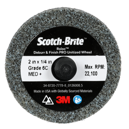 Scotch-Brite™ Roloc™ Deburr & Finish PRO Unitized Wheel, DP-UR, 6C Medium+, TR, 2 in x 1/4 in, 15/Carton, 60 ea/Case