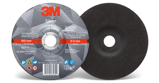 3M™ Silver Cut-Off Wheel, 87470, 36+, T27, 6 in x 0.045 in x 7/8 in, 25/Carton, 50 ea/Case