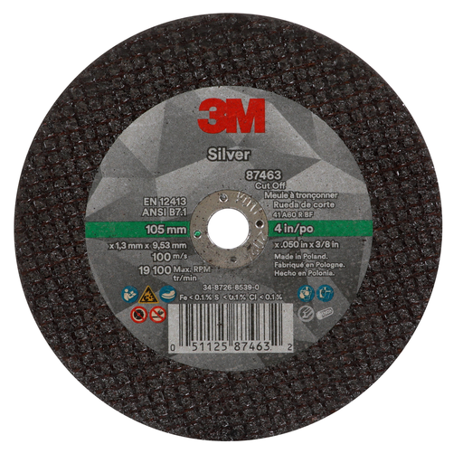 3M™ Silver Cut-Off Wheel, 87463, 36+, T1, 4 in x 0.05 in x 3/8 in, 50 ea/Case