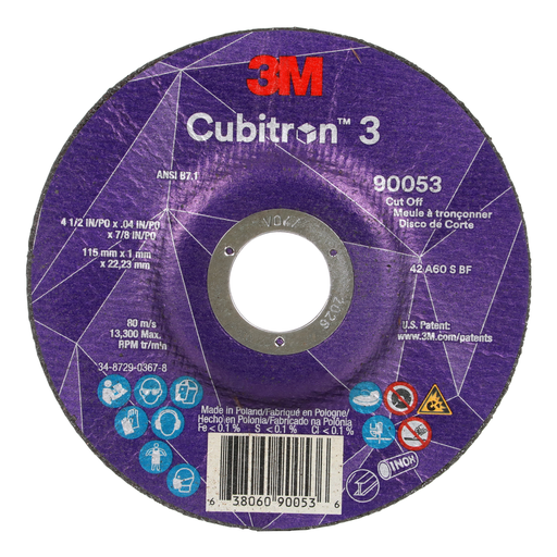 3M™ Cubitron™ 3 Cut-Off Wheel, 90053, 60+, T27, 4-1/2 in x 0.04 in x 7/8 in (115 x 1 x 22.23 mm), ANSI, 25/Pack, 50 ea/Case