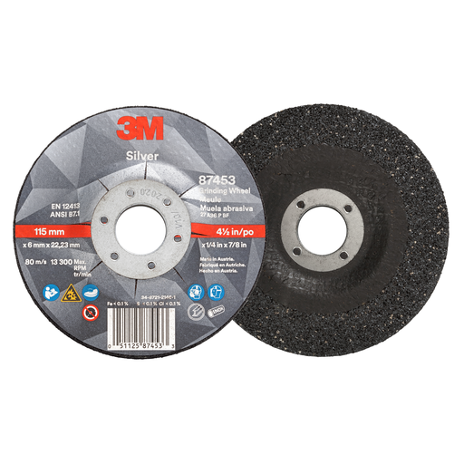 3M™ Silver Depressed Center Grinding Wheel, 87453, 36+, T27, 4.5 in x 1/4 in x 7/8 in, 10/Carton, 20 ea/Case