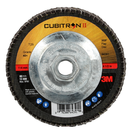 3M™ Cubitron™ II Flap Disc 969F, 40+, T29 Quick Change, 4-1/2 in x 5/8"-11, 10 ea/Case