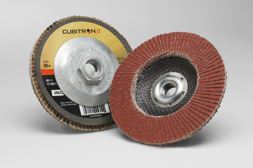 3M™ Cubitron™ II Flap Disc 967A, 80+, T29 Quick Change, 4-1/2 in x 5/8"-11, 10 ea/Case