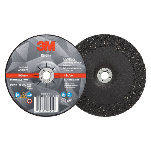 3M™ Silver Depressed Center Grinding Wheel, 87455, 36+, T27, 4 in x 1/4 in x 3/8 in, 10/Carton, 20 ea/Case