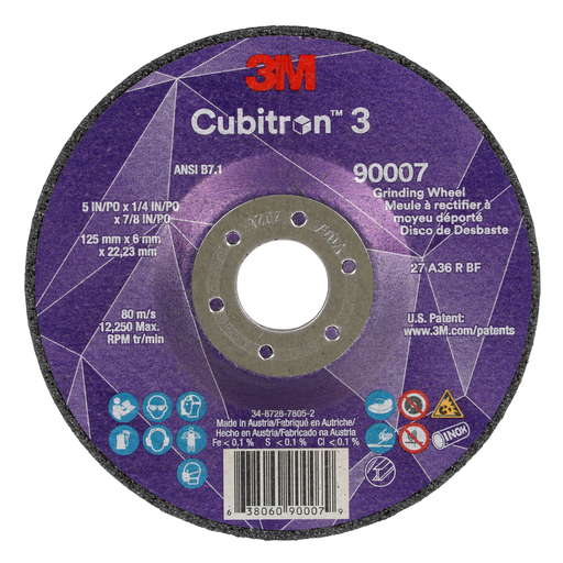 3M™ Cubitron™ 3 Depressed Center Grinding Wheel, 90007, 36+, T27, 5 in x 1/4 in x 7/8 in (125x6x22.23mm) ANSI, 10/Pack, 20 ea/Case