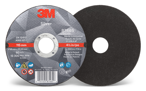 3M™ Silver Cut-Off Wheel, 87465, 36+, T1, 4.5 in x 0.045 in x 7/8 in, 50 ea/Case