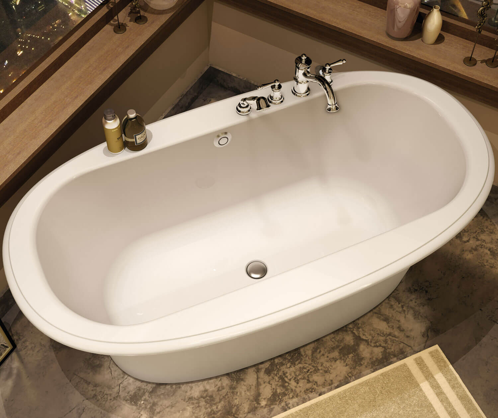Ella Sleek 66 x 36 Acrylic Freestanding Center Drain Bathtub in White with White Skirt, White, Center Drain