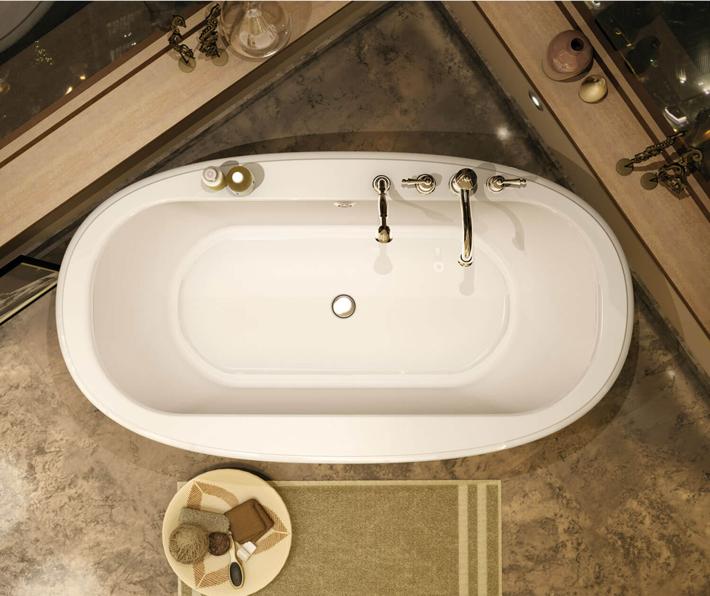 Ella Sleek 66 x 36 Acrylic Freestanding Center Drain Bathtub in White with White Skirt, White, Center Drain