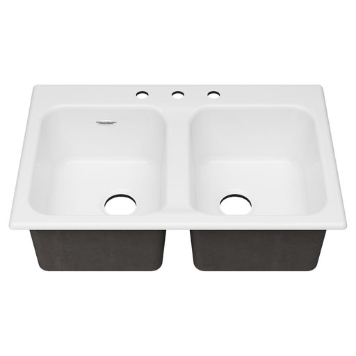 American Standard Quince 33x22 Top Mount Double Bowl Cast Iron Kitchen Sink - 3 Holes, BRILLIANT WHITE