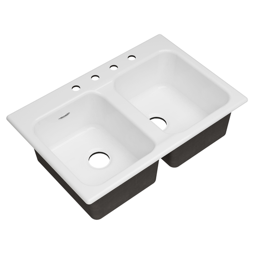 American Standard Quince 33x22 Top Mount Double Bowl Cast Iron Kitchen Sink - 4 Holes, BRILLIANT WHITE