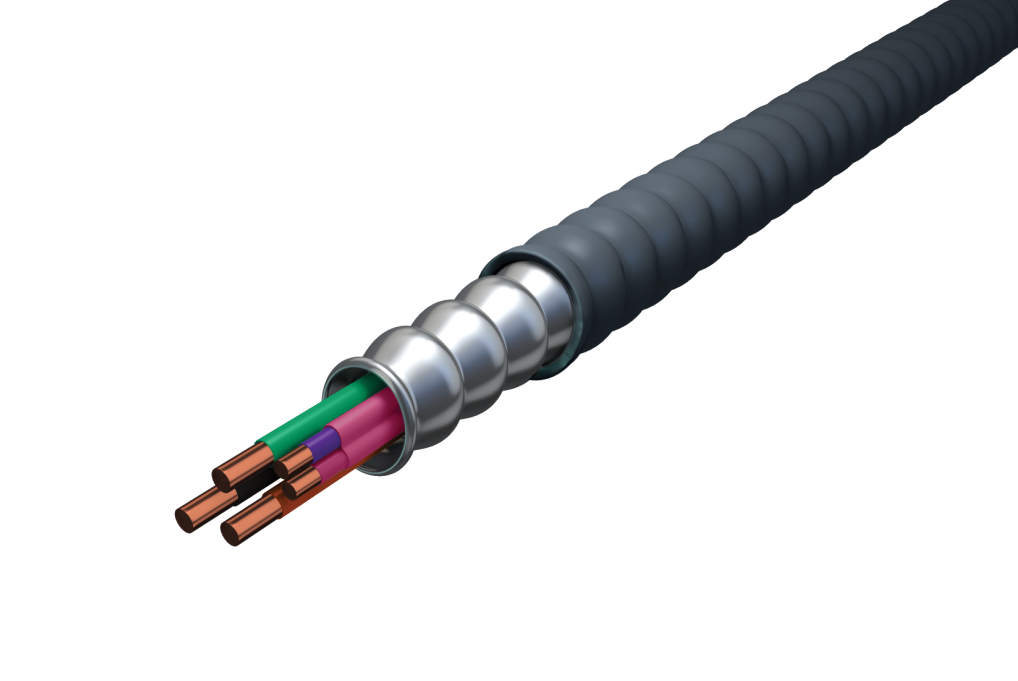 Product image for AFC LJ04-60-L01 MC Luminary PVC Jacketed Cable, Charcoal Gray, Interlocked Galvanized Steel Armor, 16-2 (TPJ) (Purple, Pink) 12-2 (Brown, Gray) 12-1 Grounding (Green), 1000ft Reel