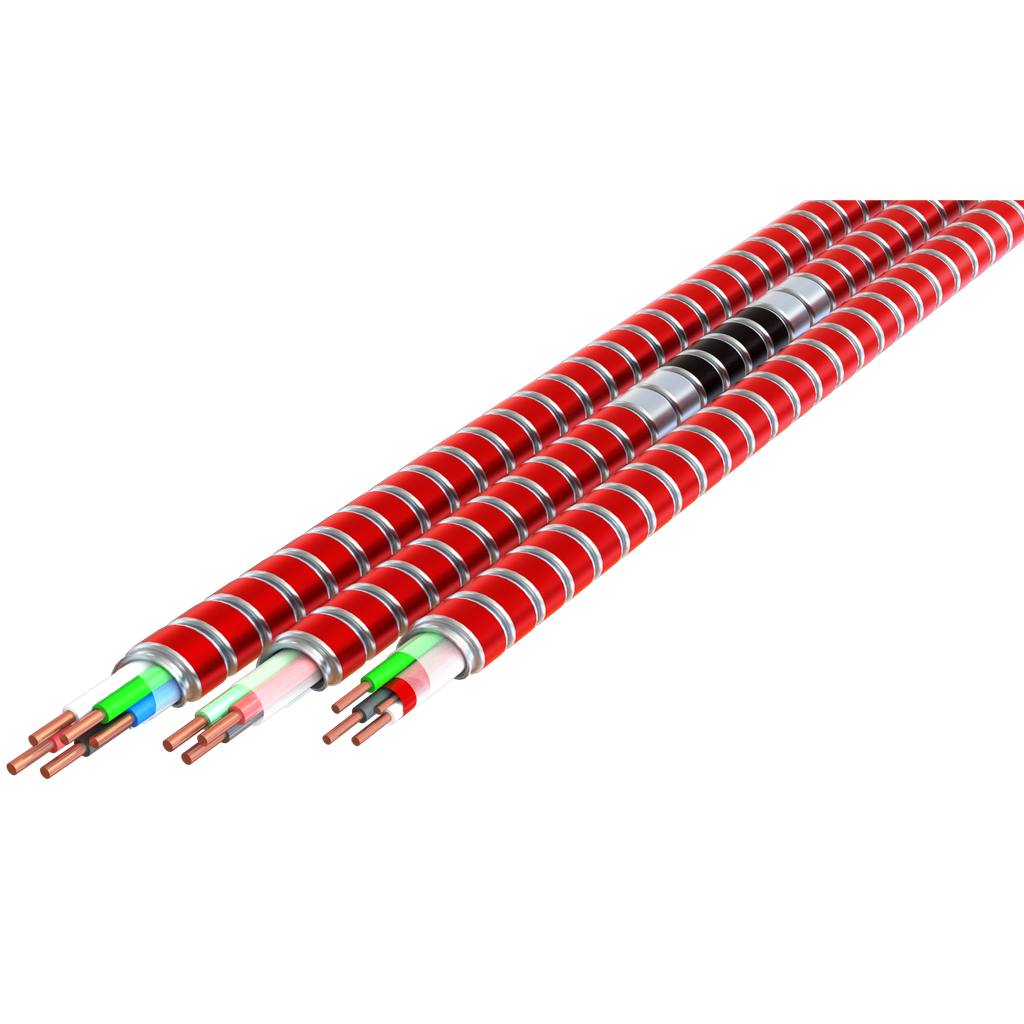 Product image for AFC SF34R42K06 14-2 Solid (Black, Red, Green) MC Glide Fire Alarm/Control Cable™, Dual Rated, Type MC/FPLP, Red Interlocked Galvanized Steel Armor with Phase ID, 250ft Coil