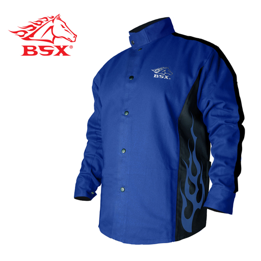 BSX STRYKER BLUE FR WELDING JACKET WITH BLUE FLAMES, LARGE