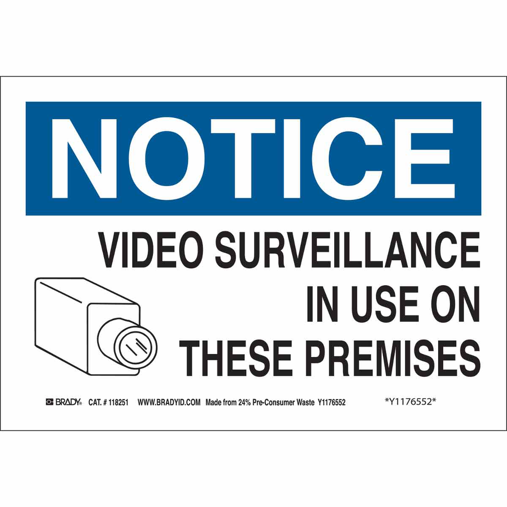 Product image for Brady 116194 NOTICE Video Surveillance In Use On These Premises Sign, 10" H x 14" W x 0.055" D