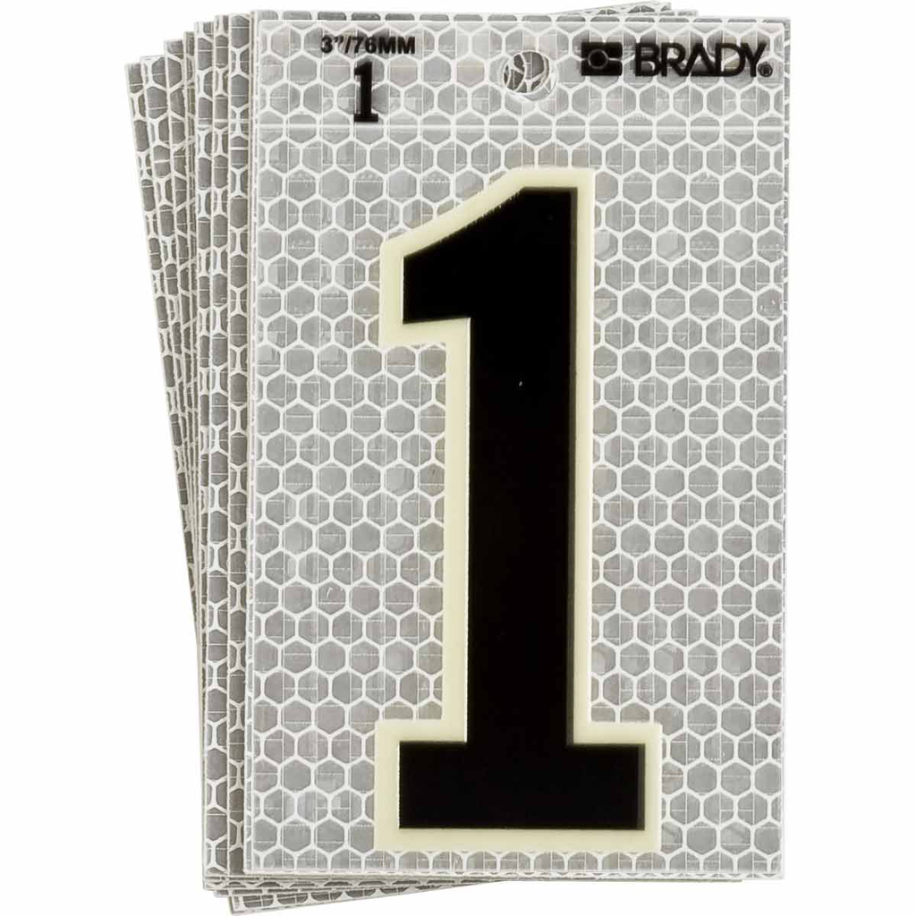 Product image for Brady 3020-1 3020 Series Glow in the Dark Number and Letter Labels, Black/Green Glow on Silver, Pack of 10 Labels, 1