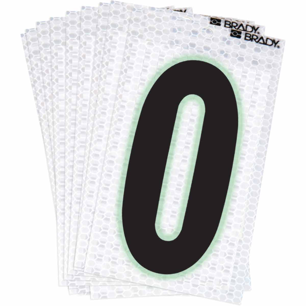 Product image for Brady 3000-0 3000 Series Glow in the Dark Number and Letter Labels, Black/Green Glow on Silver, Pack of 10 Labels, 0