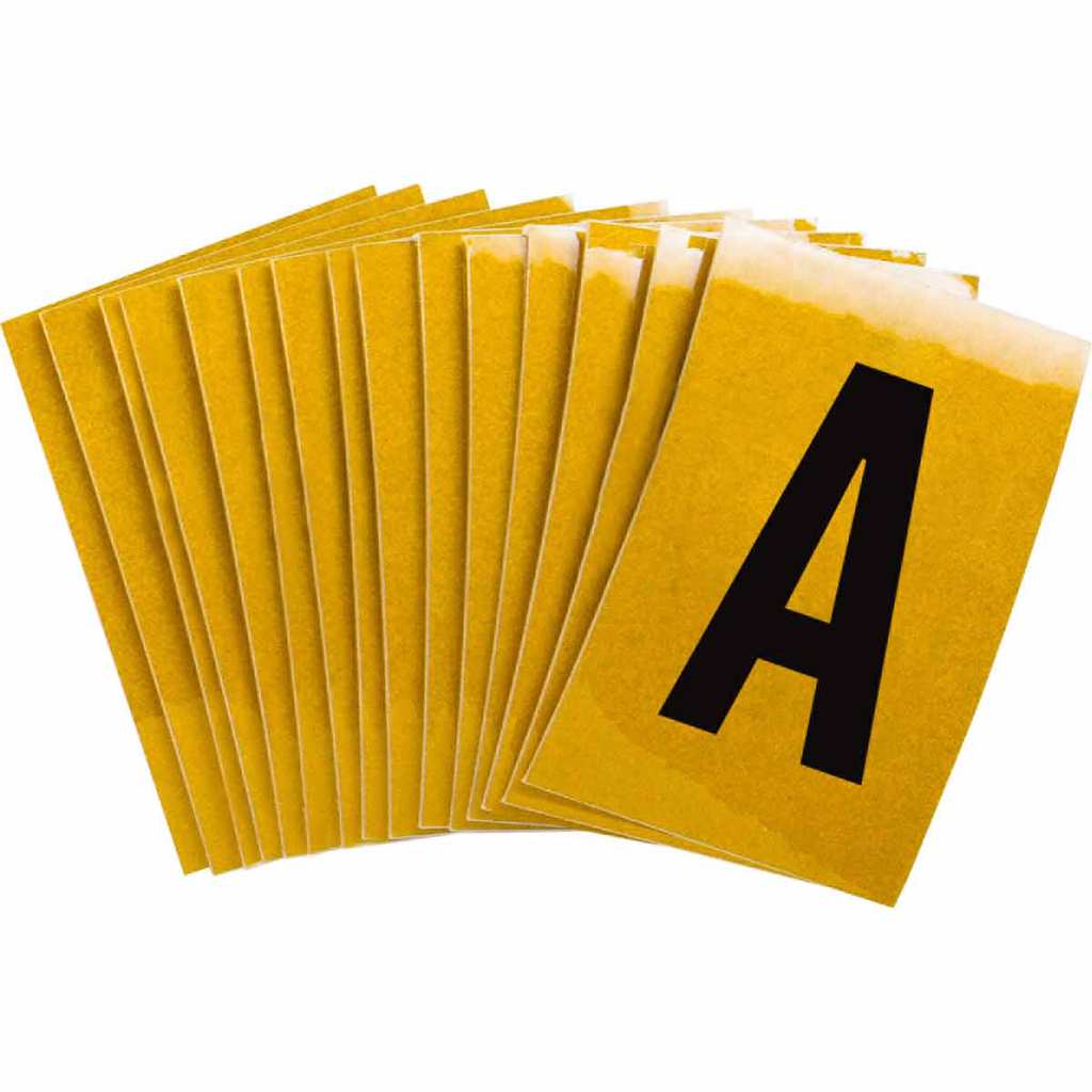 Product image for Brady 5920-A 5920 Reflective Number and Letter Labels, 1.5" H x 1" W, Pack of 25 Labels, Black on Yellow, A