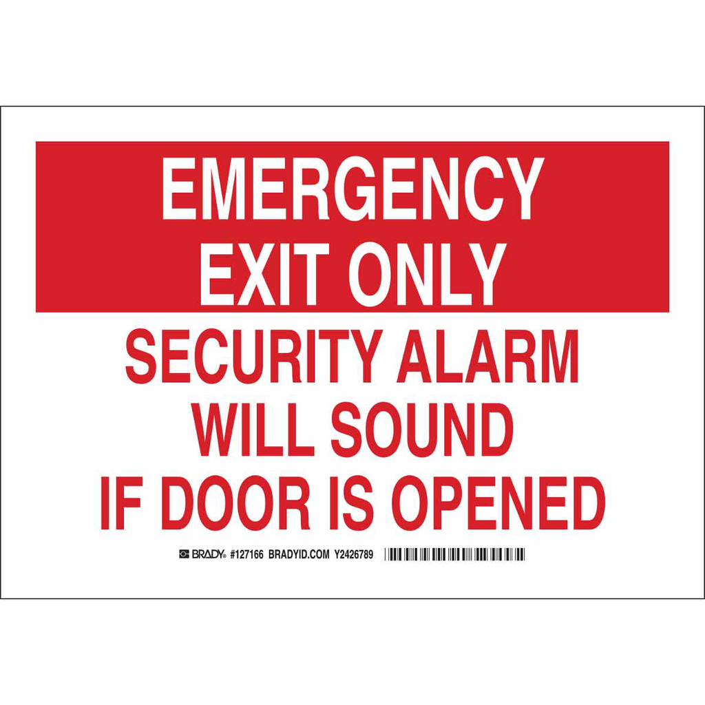 Product image for Brady 127168 EMERGENCY EXIT ONLY Security Alarm Will Sound If Door Is Opened Sign, 10" H x 14" W x 0.06" D, Red/White, Polystyrene