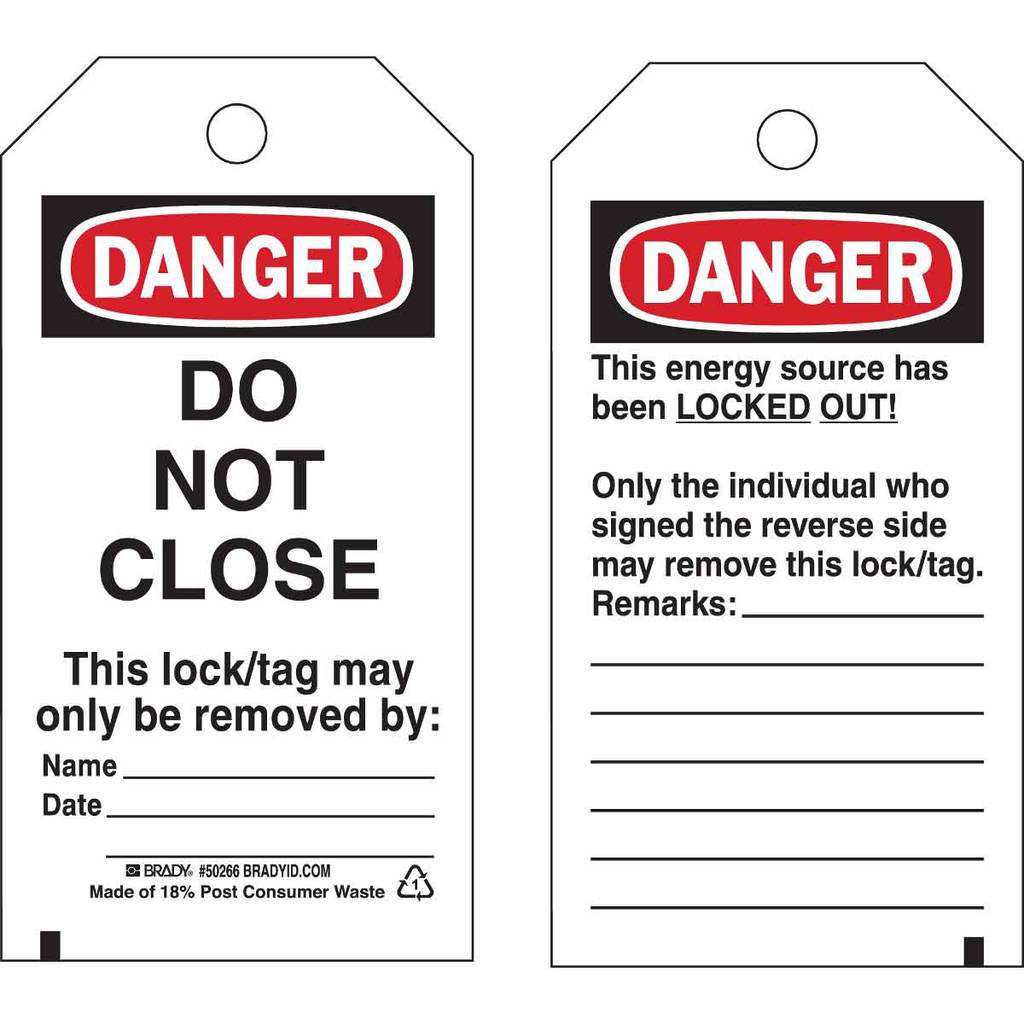 Product image for Brady 50266 DANGER DO NOT CLOSE This Lock/Tag May Only Be Removed By: DANGER This Energy Source Has Been Locked Out