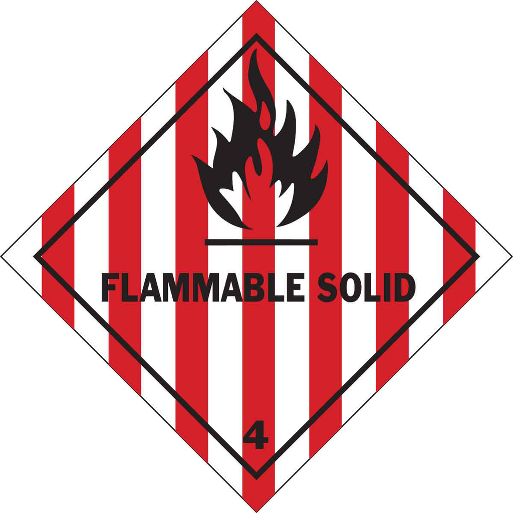 Product image for Brady 121068 FLAMMABLE SOLID 4 Hazardous Material Shipping Labels, 4" H x 4" W x 0.004" D, Black/Red on White